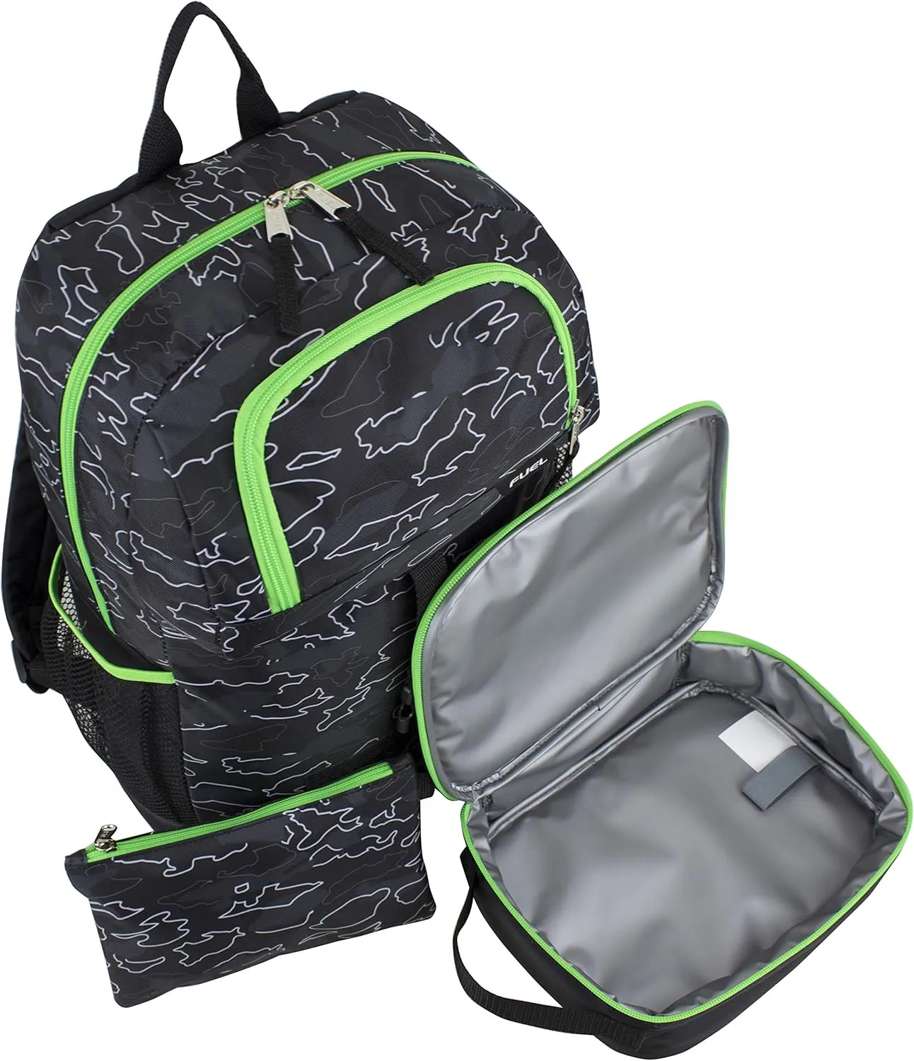 FUEL 4-Piece Bundle Colorful Prints Backpack Book Bag Set Detachable Insulated Lunch Box, Pencil Case, Accessory Pouch