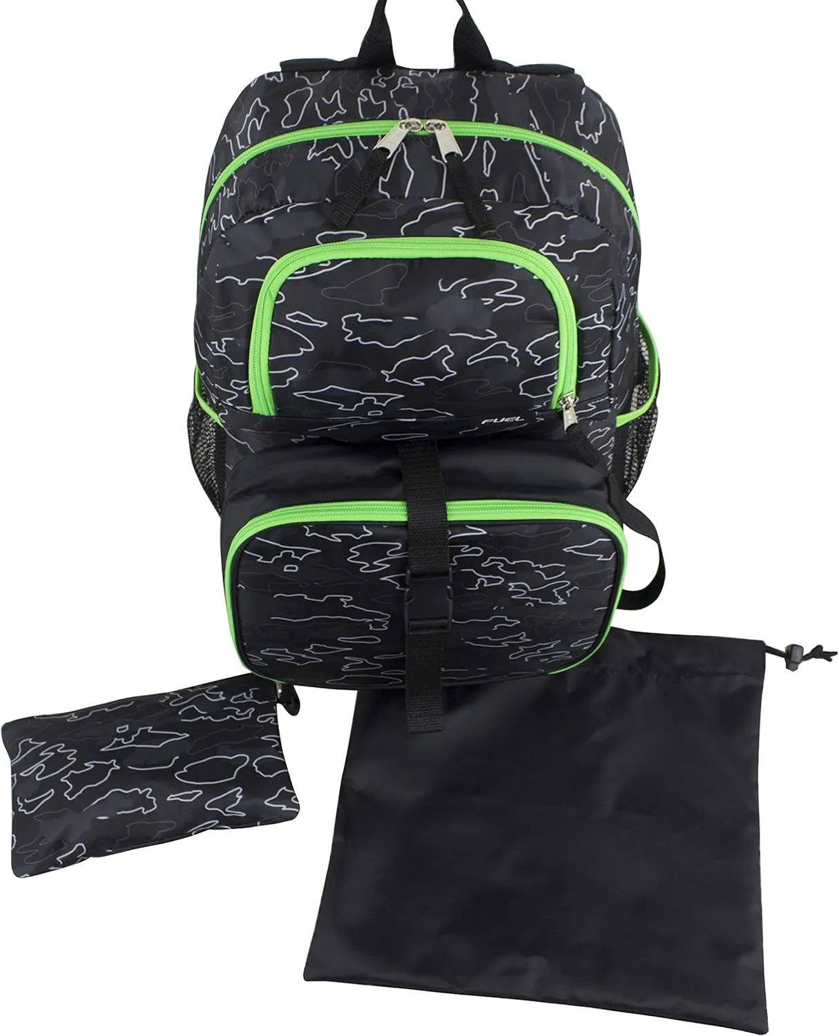 FUEL 4-Piece Bundle Colorful Prints Backpack Book Bag Set Detachable Insulated Lunch Box, Pencil Case, Accessory Pouch