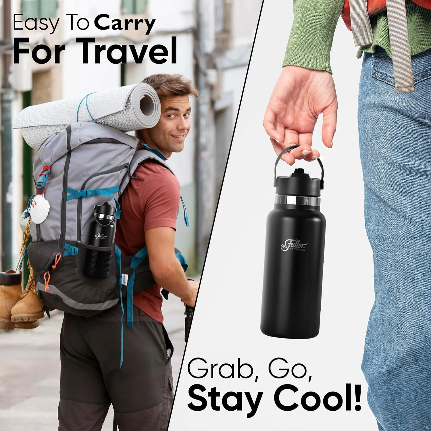 Fuller Stainless Steel Water Bottle with Straw Lid – BPA-Free, Sweat-Proof, Leak-Proof Travel Mug – Double Wall Insulated for Hot & Cold Drinks – Carry Handle (Black, 32 Oz.)