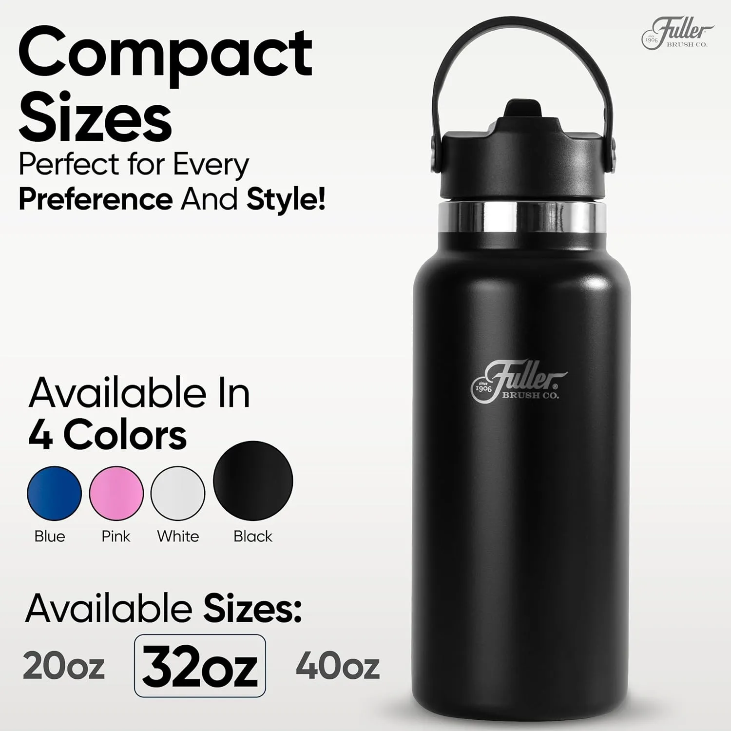 Fuller Stainless Steel Water Bottle with Straw Lid – BPA-Free, Sweat-Proof, Leak-Proof Travel Mug – Double Wall Insulated for Hot & Cold Drinks – Carry Handle (Black, 32 Oz.)