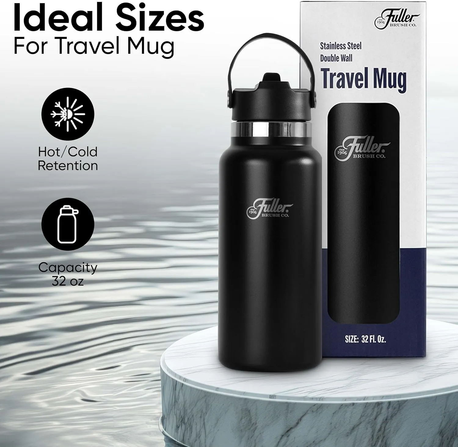 Fuller Stainless Steel Water Bottle with Straw Lid – BPA-Free, Sweat-Proof, Leak-Proof Travel Mug – Double Wall Insulated for Hot & Cold Drinks – Carry Handle (Black, 32 Oz.)