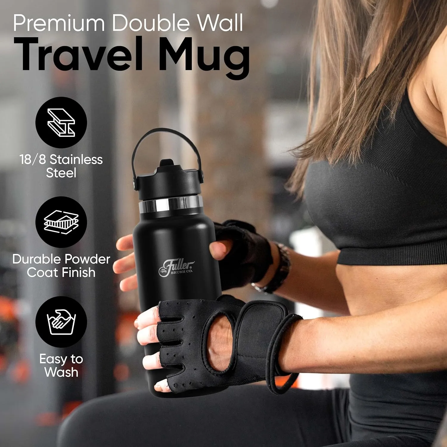 Fuller Stainless Steel Water Bottle with Straw Lid – BPA-Free, Sweat-Proof, Leak-Proof Travel Mug – Double Wall Insulated for Hot & Cold Drinks – Carry Handle (Black, 32 Oz.)