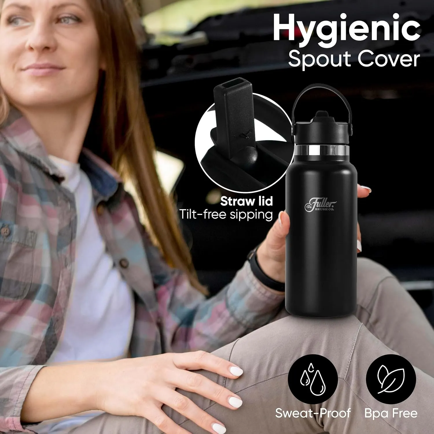 Fuller Stainless Steel Water Bottle with Straw Lid – BPA-Free, Sweat-Proof, Leak-Proof Travel Mug – Double Wall Insulated for Hot & Cold Drinks – Carry Handle (Black, 32 Oz.)