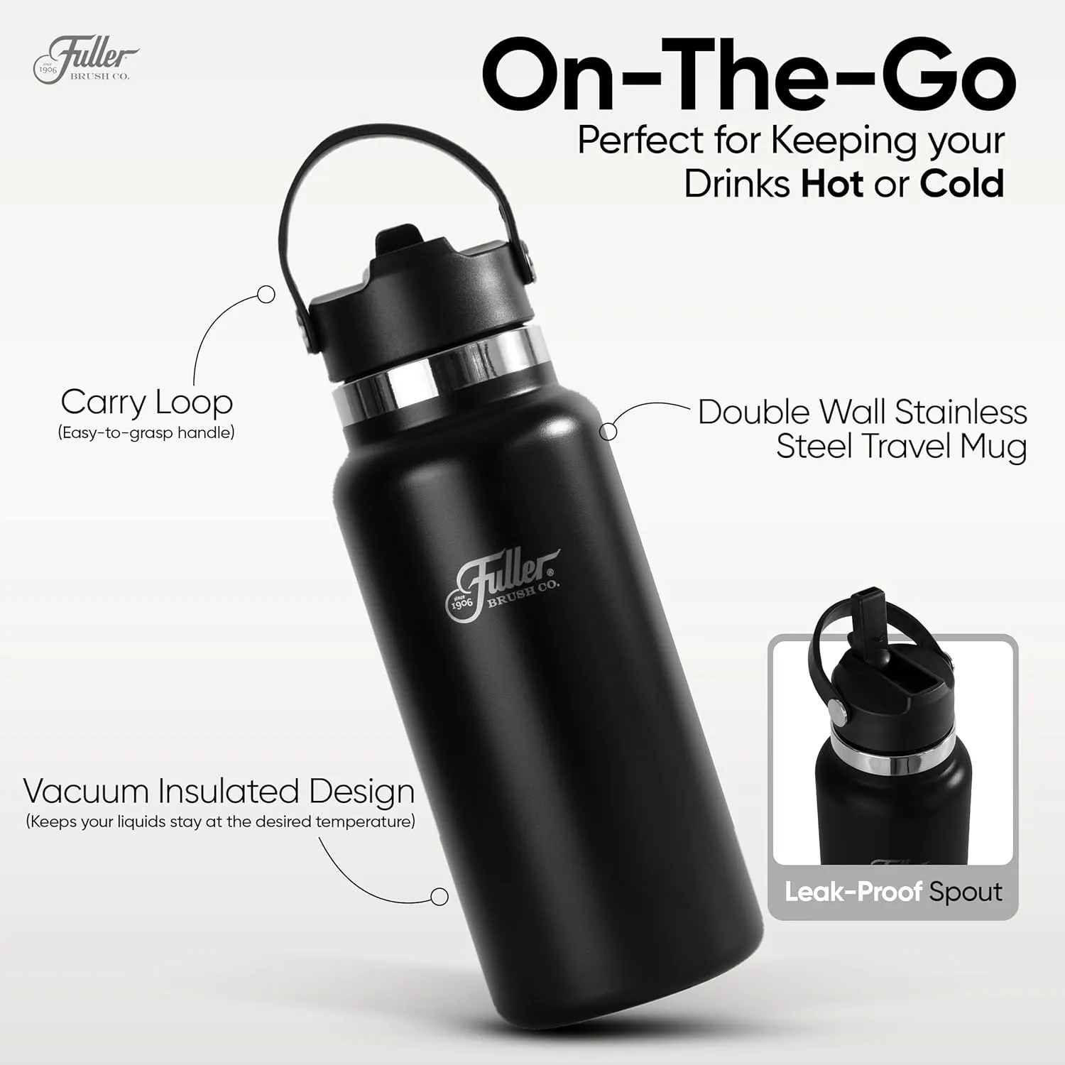Fuller Stainless Steel Water Bottle with Straw Lid – BPA-Free, Sweat-Proof, Leak-Proof Travel Mug – Double Wall Insulated for Hot & Cold Drinks – Carry Handle (Black, 32 Oz.)