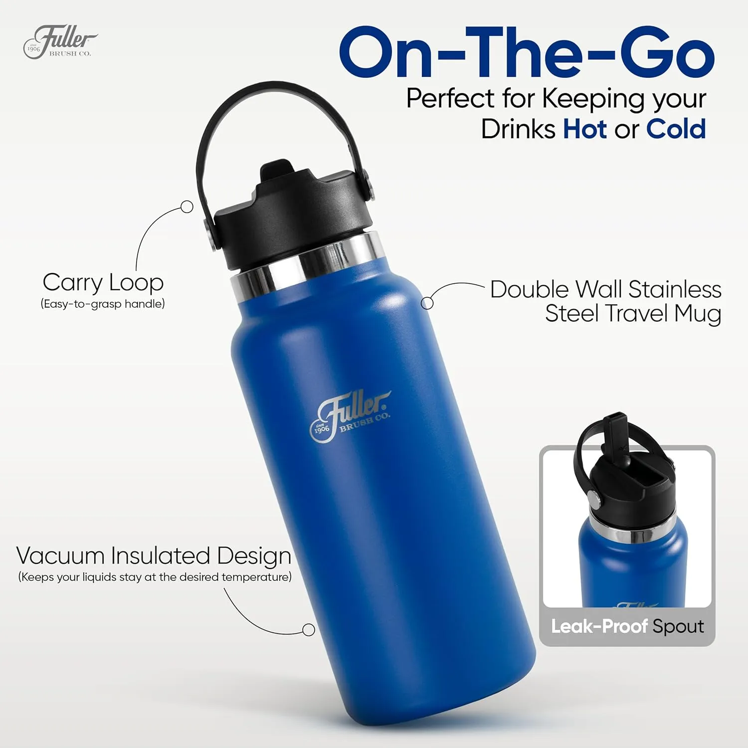 Fuller Stainless Steel Water Bottle with Straw Lid – BPA-Free, Sweat-Proof, Leak-Proof Travel Mug – Double Wall Insulated for Hot & Cold Drinks – Carry Handle (Mazarine Blue, 32 Oz.)