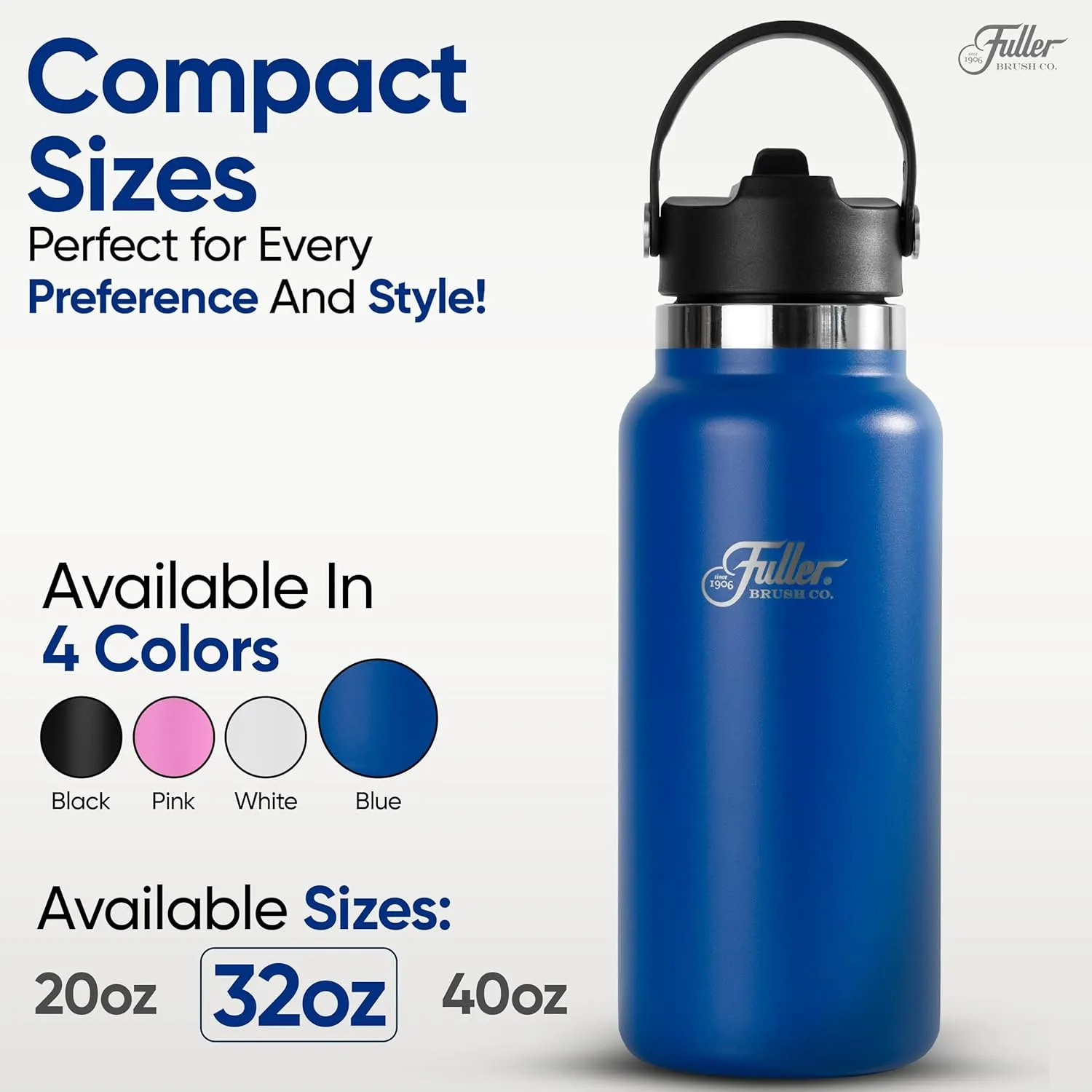Fuller Stainless Steel Water Bottle with Straw Lid – BPA-Free, Sweat-Proof, Leak-Proof Travel Mug – Double Wall Insulated for Hot & Cold Drinks – Carry Handle (Mazarine Blue, 32 Oz.)