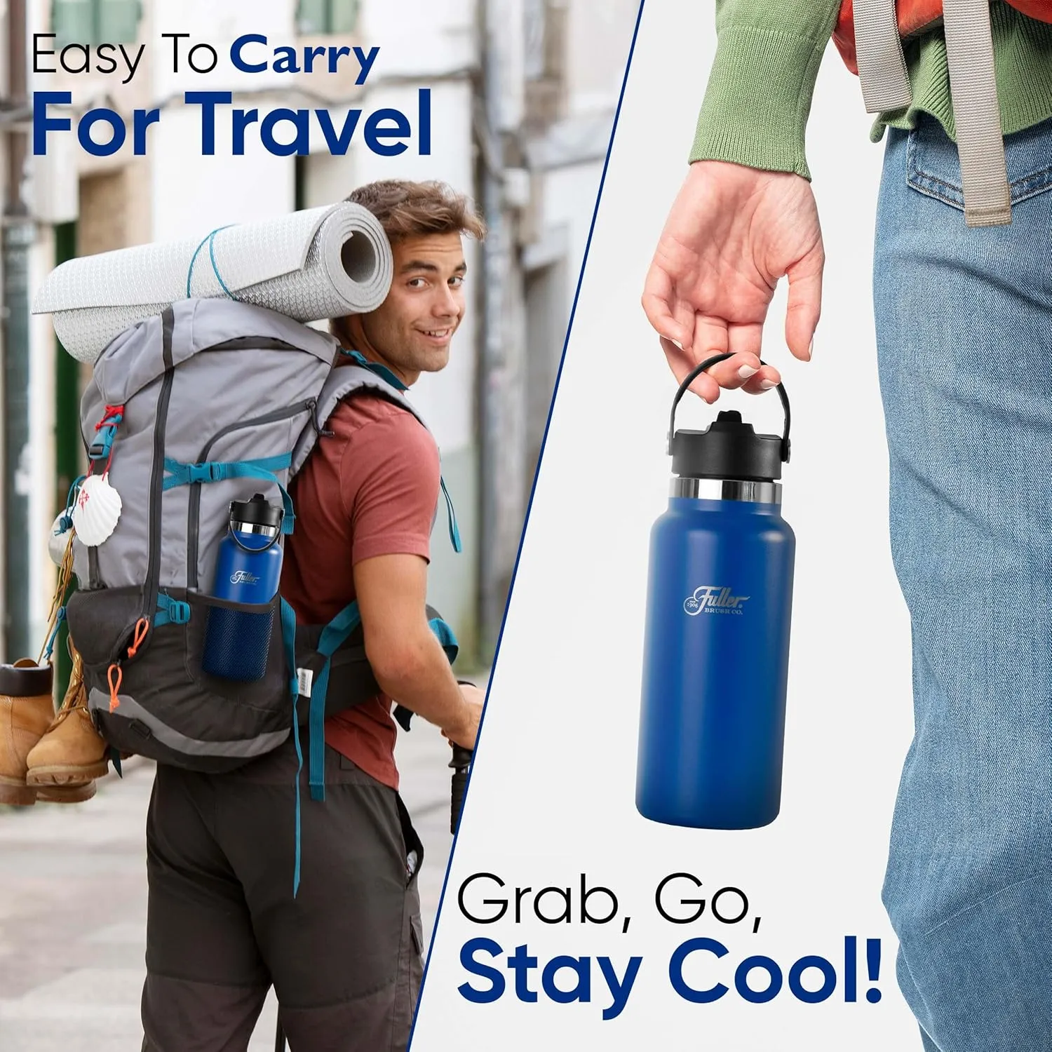 Fuller Stainless Steel Water Bottle with Straw Lid – BPA-Free, Sweat-Proof, Leak-Proof Travel Mug – Double Wall Insulated for Hot & Cold Drinks – Carry Handle (Mazarine Blue, 32 Oz.)