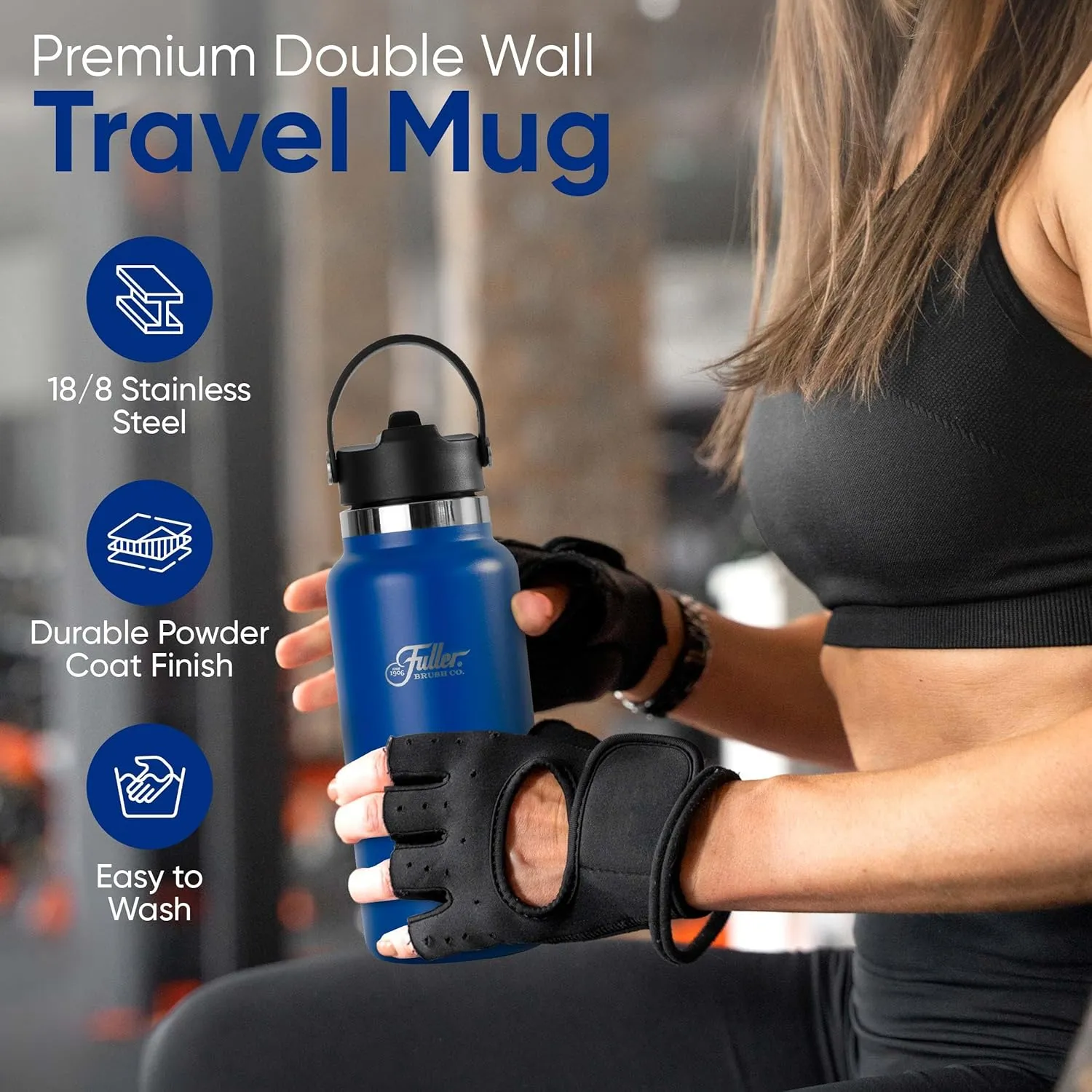 Fuller Stainless Steel Water Bottle with Straw Lid – BPA-Free, Sweat-Proof, Leak-Proof Travel Mug – Double Wall Insulated for Hot & Cold Drinks – Carry Handle (Mazarine Blue, 32 Oz.)