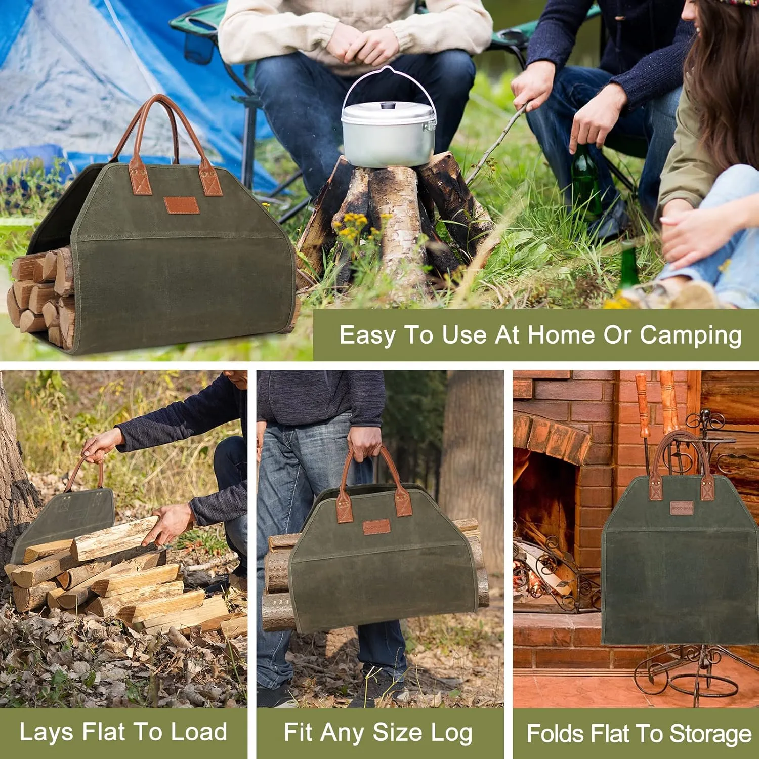 G GOOD GAIN Firewood Carrier Waxed Canvas with Handles, Wood Carrier for Firewood, 36x18.5 Inch Heavy Duty Firewood Storage Tote, Fireplace Log Carrier Indoor Bag, Wood Stove Accessories. Green