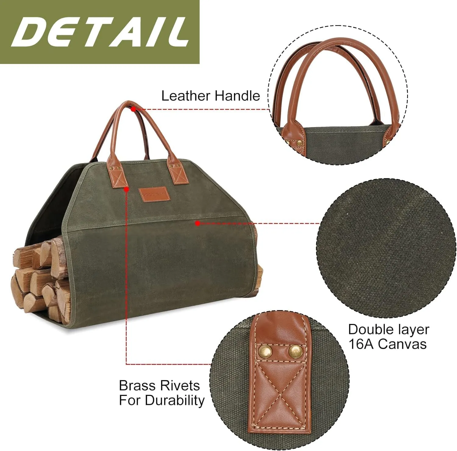 G GOOD GAIN Firewood Carrier Waxed Canvas with Handles, Wood Carrier for Firewood, 36x18.5 Inch Heavy Duty Firewood Storage Tote, Fireplace Log Carrier Indoor Bag, Wood Stove Accessories. Green
