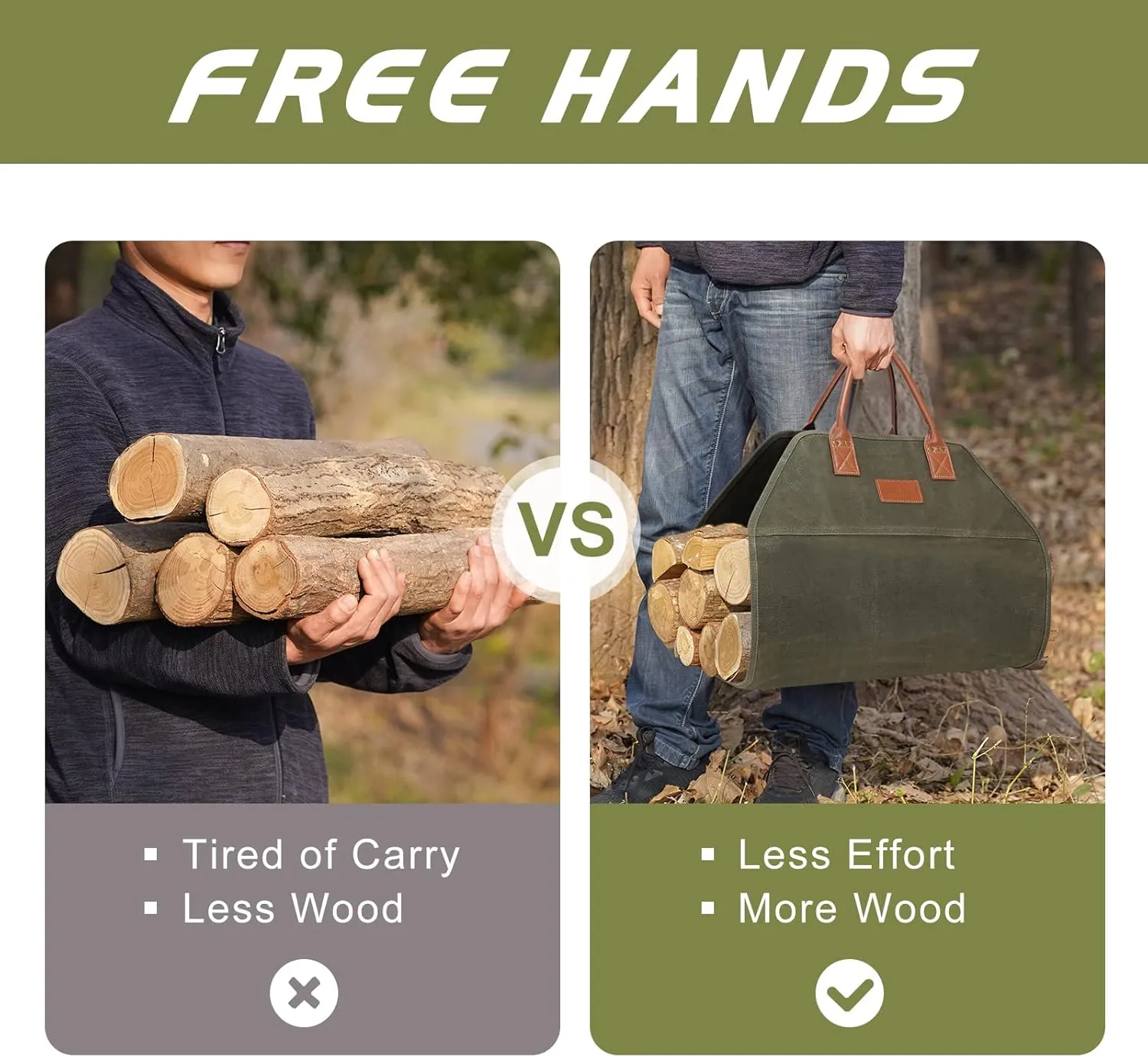 G GOOD GAIN Firewood Carrier Waxed Canvas with Handles, Wood Carrier for Firewood, 36x18.5 Inch Heavy Duty Firewood Storage Tote, Fireplace Log Carrier Indoor Bag, Wood Stove Accessories. Green