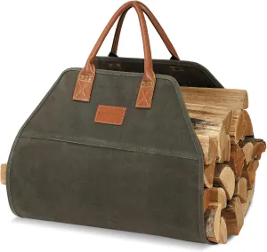 G GOOD GAIN Firewood Carrier Waxed Canvas with Handles, Wood Carrier for Firewood, 36x18.5 Inch Heavy Duty Firewood Storage Tote, Fireplace Log Carrier Indoor Bag, Wood Stove Accessories. Green