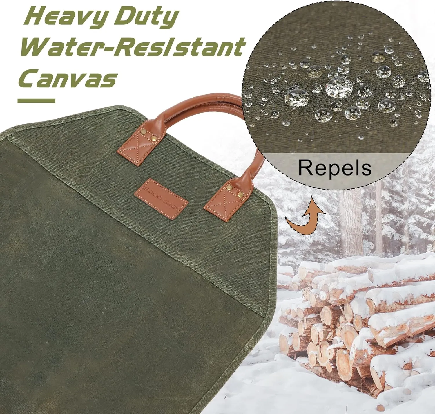 G GOOD GAIN Firewood Carrier Waxed Canvas with Handles, Wood Carrier for Firewood, 36x18.5 Inch Heavy Duty Firewood Storage Tote, Fireplace Log Carrier Indoor Bag, Wood Stove Accessories. Green