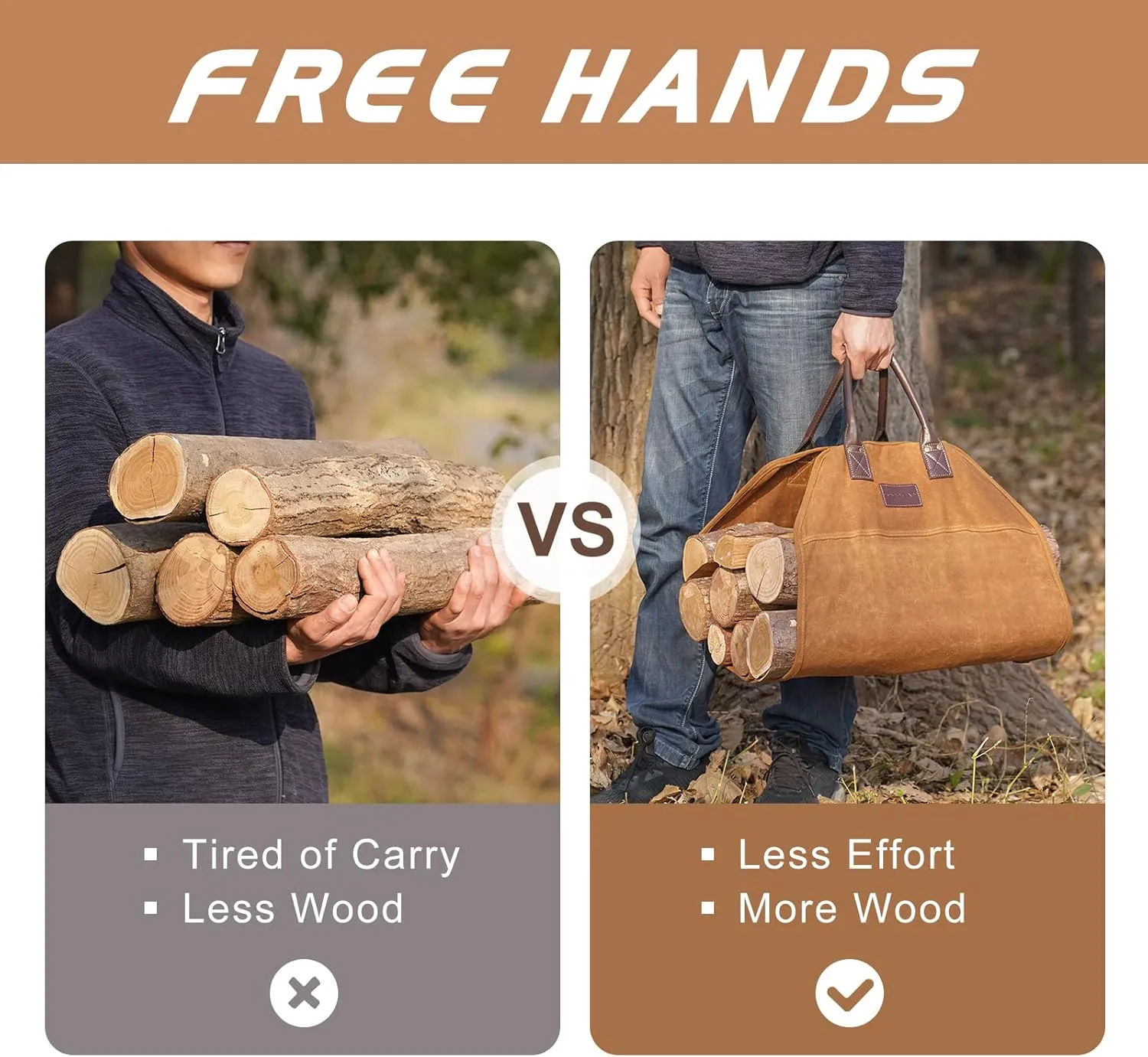 G GOOD GAIN Firewood Carrier Waxed Canvas with Leather Handles, Wood Carrier for Firewood, 36x18.5 in Heavy Duty Firewood Storage Tote, Fireplace Log Carrier Indoor Bag, Wood Stove Accessories. Khaki