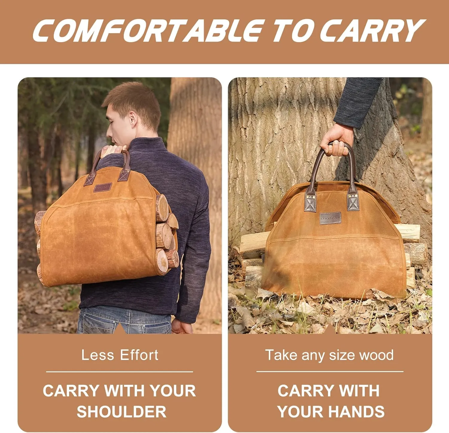 G GOOD GAIN Firewood Carrier Waxed Canvas with Leather Handles, Wood Carrier for Firewood, 36x18.5 in Heavy Duty Firewood Storage Tote, Fireplace Log Carrier Indoor Bag, Wood Stove Accessories. Khaki