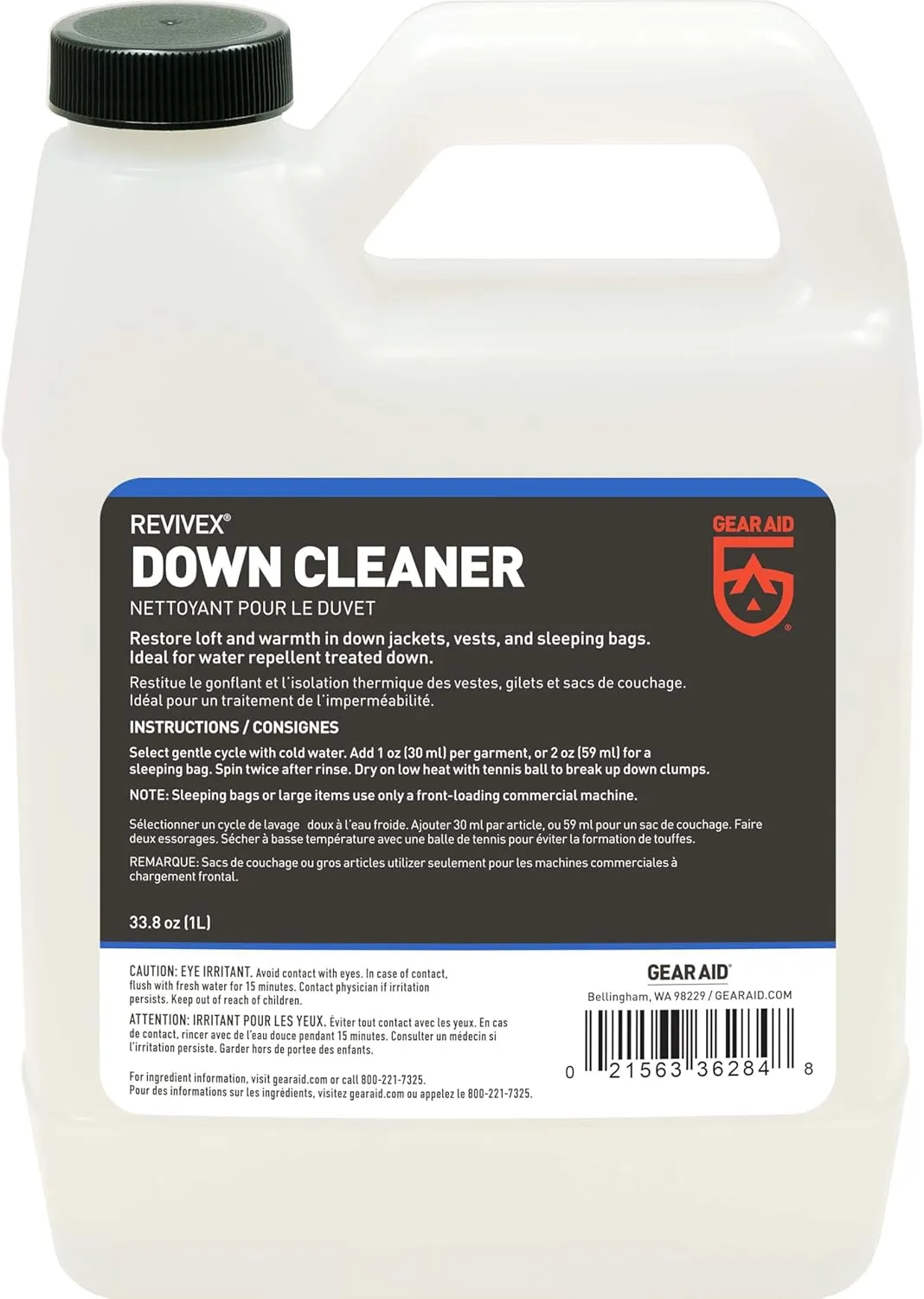 GEAR AID Revivex Down Cleaner for Washing and Restoring Loft in Puffer Jackets, Vests, Blankets, Feather-filled Pillows, Comforters and Sleeping Bags, 1 Liter (33.8 fl oz)