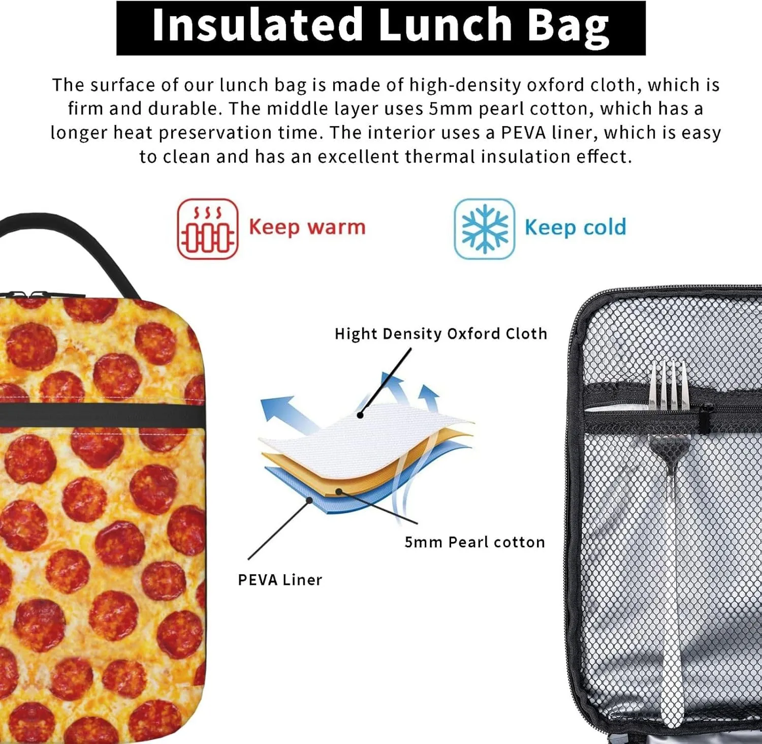 Gianlaima Cute Pizza Food Insulated Lunch Box For Women Man, Portable Lunch Bag Reusable Cooler Tote For Office Work Travel Picnic Camping Beach
