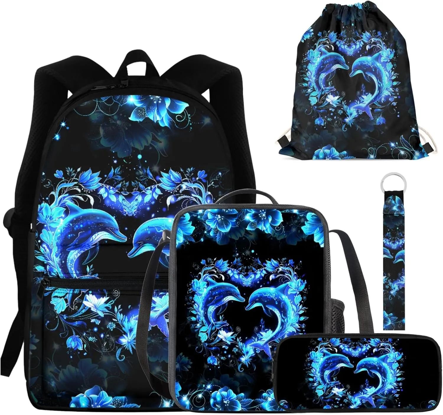 GIFTPUZZ Dolphin Backpacks Set with Cooler Warm Picnic Lunch Tote Bags Multifunction Coins Wallet Zip Around Pen Cover Case Holder Drawstrings Bags Keychain 5 in 1