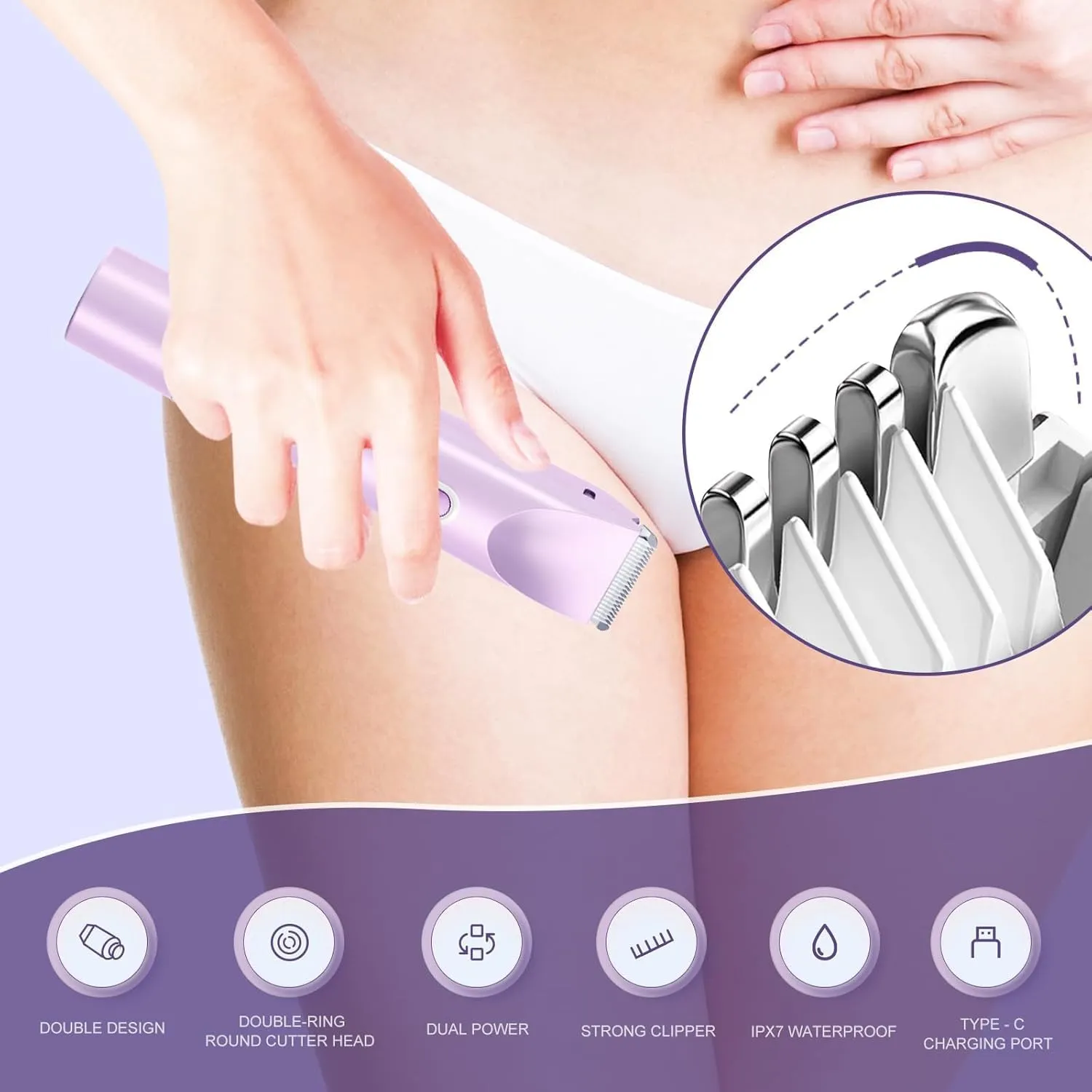 Glow Aura Womens Shaver, 2 in 1 Bikini Trimmer for Women USB Rechargeable, IPX7 Waterproof Wet & Dry Electric Razors, Painless Hair Remover for Bikini Underarm Leg Arm Body Face, Purple