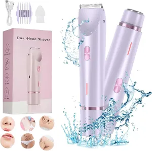 Glow Aura Womens Shaver, 2 in 1 Bikini Trimmer for Women USB Rechargeable, IPX7 Waterproof Wet & Dry Electric Razors, Painless Hair Remover for Bikini Underarm Leg Arm Body Face, Purple