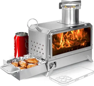 GoHawk Portable Wood Burning Camp Stove 9.5" Mini Heater Burner with Fireproof Glass Window 304 Stainless Steel Cooking Oven Grill Heating Tray for BackPacking Camping Tent Fishing Hiking Picnic BBQ