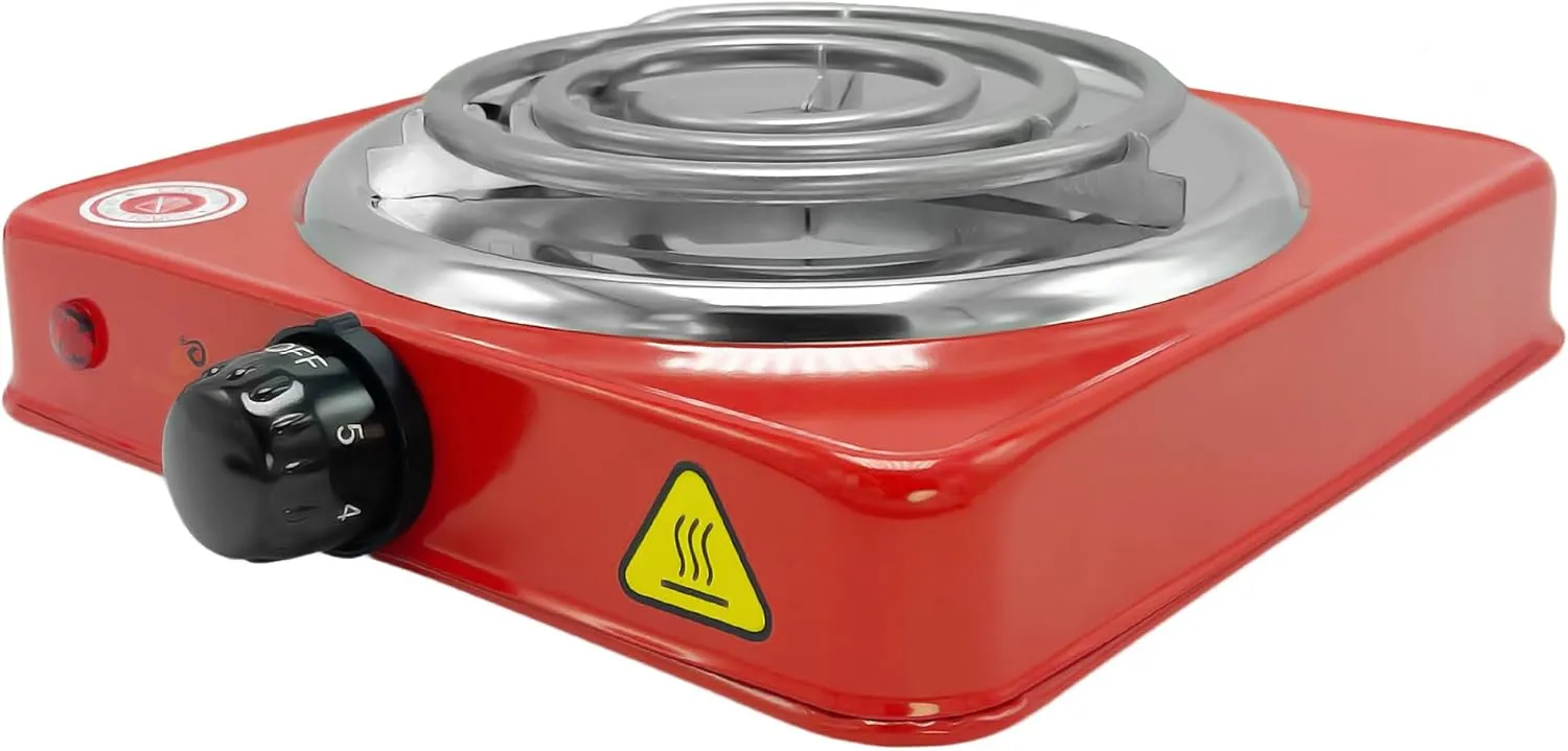 Golden Desert Electric Burner 1000W Countertop Coiled Hot Plate, Temperature Control, Stainless Steel Coiled Cooking Stove, Overheat Protection, Charcoal Heater – Red