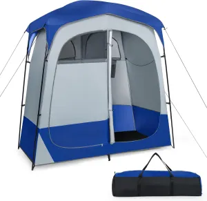 Goplus 2 Room Shower Tent, Portable Camping Changing Tent with Floor Drain,Detachable Rain Fly, Stakes & Ropes, UV Protection, Water Resistant Privacy Tent for Outdoor Toilet, Dressing (Navy)