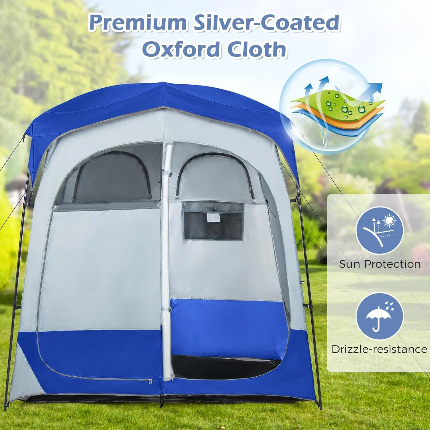 Goplus 2 Room Shower Tent, Portable Camping Changing Tent with Floor Drain,Detachable Rain Fly, Stakes & Ropes, UV Protection, Water Resistant Privacy Tent for Outdoor Toilet, Dressing (Navy)