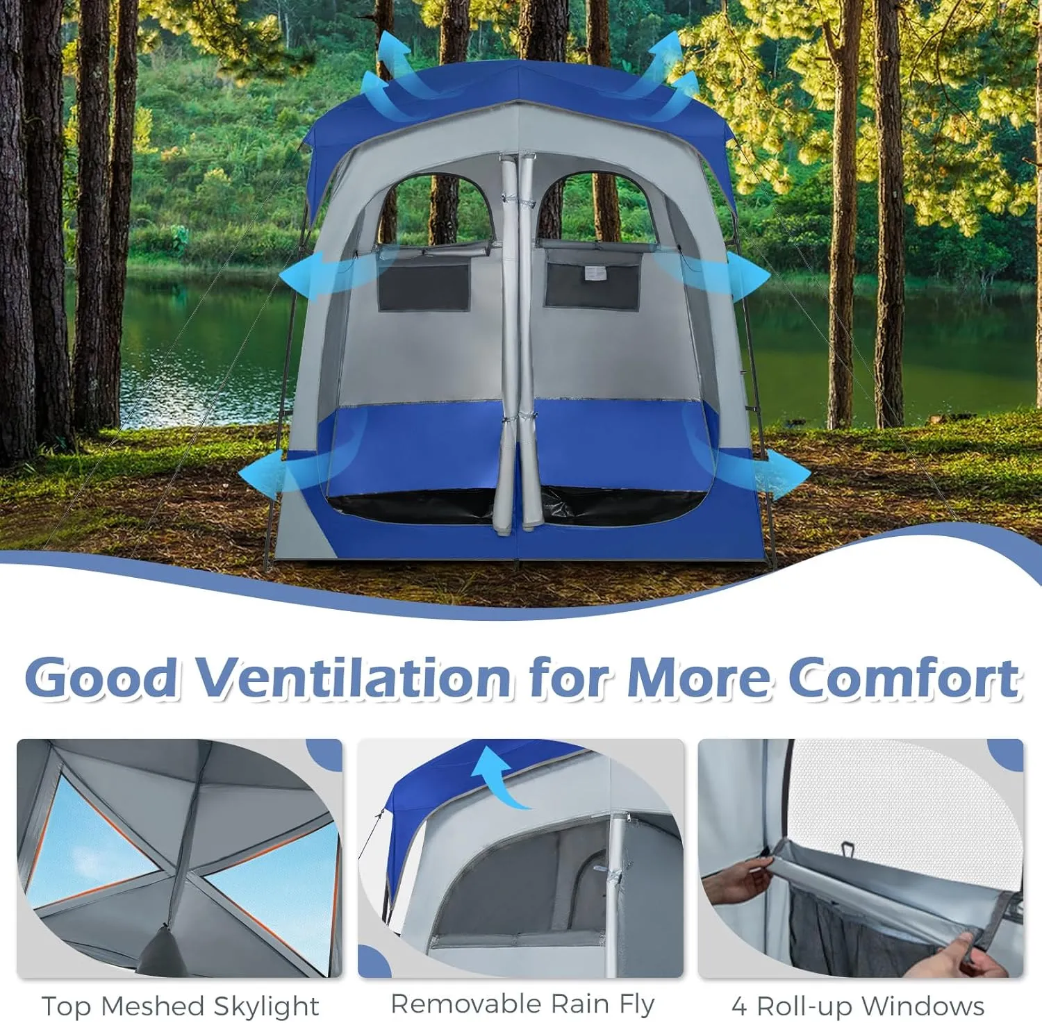 Goplus 2 Room Shower Tent, Portable Camping Changing Tent with Floor Drain,Detachable Rain Fly, Stakes & Ropes, UV Protection, Water Resistant Privacy Tent for Outdoor Toilet, Dressing (Navy)