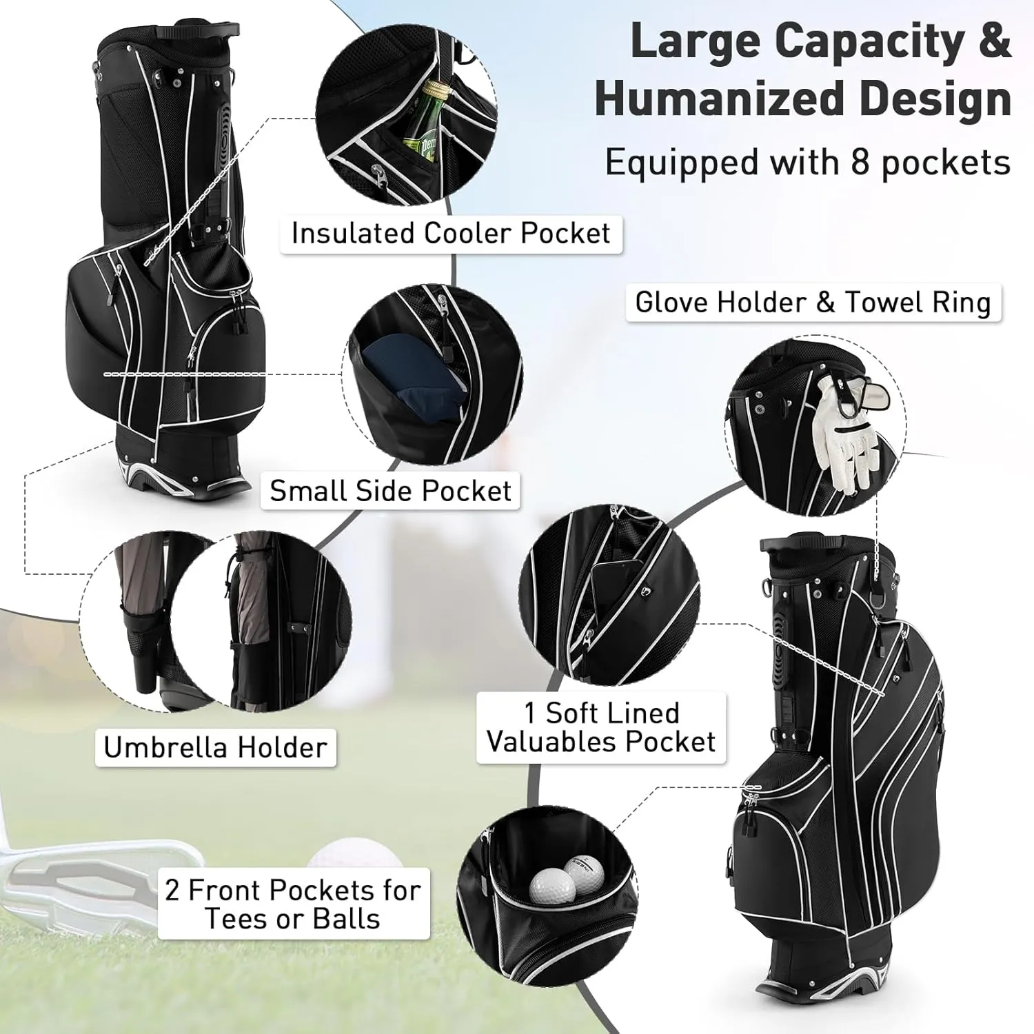 Goplus Golf Stand Bag, Lightweight Golf Club Bag with 6 Way Top Dividers, 8 Pockets, Cooler Bag, Rain Hood, Dual Shoulder Strap, Umbrella Holder, Portable Golf Bag with Stand for Women Men