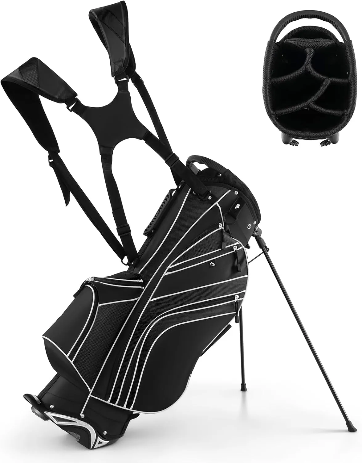 Goplus Golf Stand Bag, Lightweight Golf Club Bag with 6 Way Top Dividers, 8 Pockets, Cooler Bag, Rain Hood, Dual Shoulder Strap, Umbrella Holder, Portable Golf Bag with Stand for Women Men