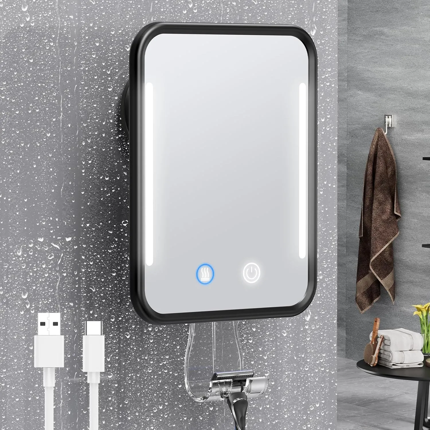 Gospire Heated Shower Mirror Fogless for Shaving with Light, Rechargeable Battery and Adjustable Brightness, Suction Cup and Razor Holder, Removable & NO-Drilling, Waterproof for Bathroom (Black)