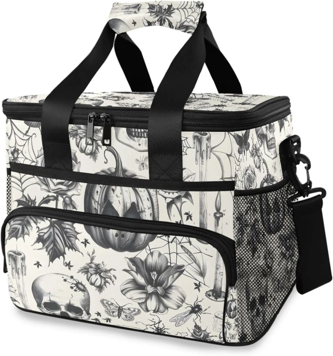 Graphic Skull Funny Skeleton Pumpkin Cooler Bag Insulated Cooler Soft Sided Cooler 24 Can Portable Picnic Bag Large Leakproof Lunch Bag Box for Beach Grocery Camping Travel Car Men Women