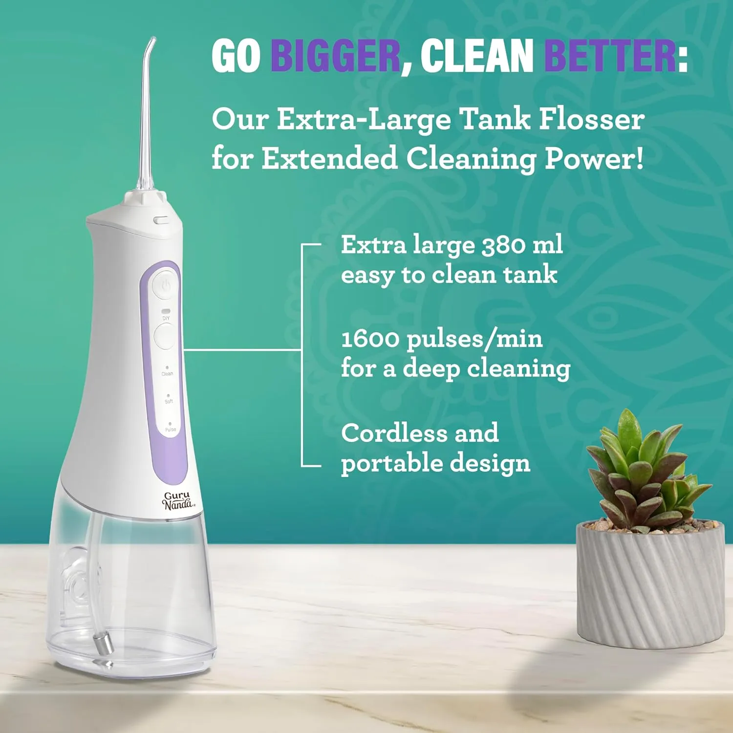 GuruNanda Water Dental Flosser 2.0 XL – 380ML Large Tank, 4 Flossing Modes, Cordless & Portable with Smart Timer for Deep Cleaning & Happy Gums - Lavender