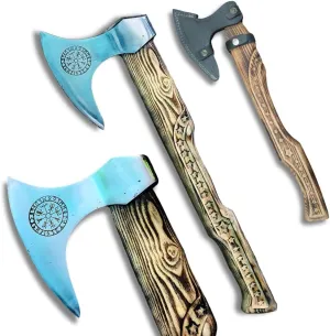 Handmade Carbon Steel Head with Hardened & Sharpened Edge, Hand Engraved Ash Wood Shaft - Axe with Handmade Leather Sheath Best Gift for Hunting Lover