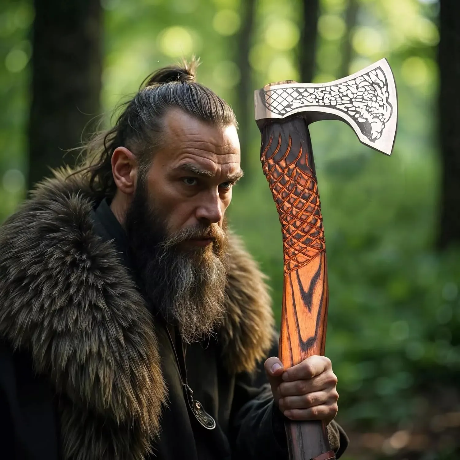 Handmade Viking Axe with Leather Sheath, Carbon Steel Blade, Ash Wood Handle – 19" Bearded Axe for Woodwork, Camping, and Collectors