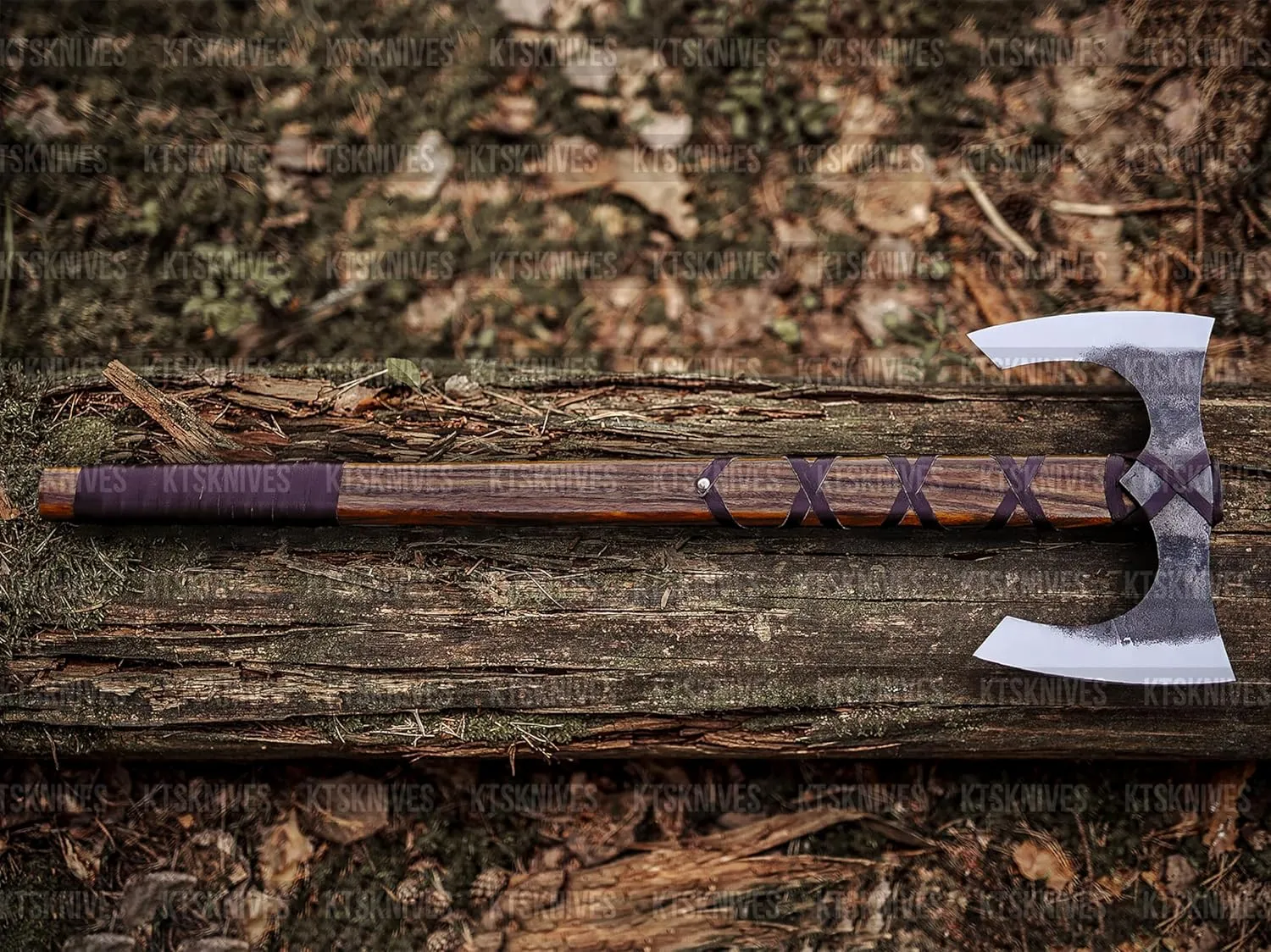 Handmade Viking Double-Headed Axe with Rosewood Handle and Leather Sheath Forged Carbon Steel - Sharp Blade, Durable & Authentic Medieval Collectible - Ideal Gift for Enthusiasts
