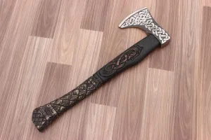 Handmade Wooden Axe with Intricate Carvings On Wooden Handle and Metal Head, 19 inches, The Axe Handle is When You Hold It