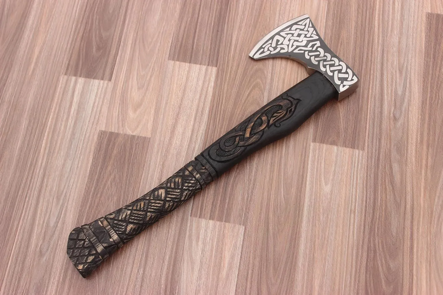 Handmade Wooden Axe with Intricate Carvings On Wooden Handle and Metal Head, 19 inches, The Axe Handle is When You Hold It