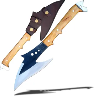 Harpoon Hand-Forged Axe - 8-Inch Blade, Full Tang, 5160 Leaf Spring Steel, Tempered & Sharpened with White Wood Handle and Leather Scabbard Included