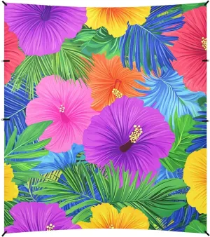 Hawaiian Stylropical Flowers Palm Leaves Bright Neon Colors Foldable Beach Canopy UPF50  Lightweight Large Portable Sun Shelter with Sand Shovel, Sandbags for Backyard, Grassland, Park