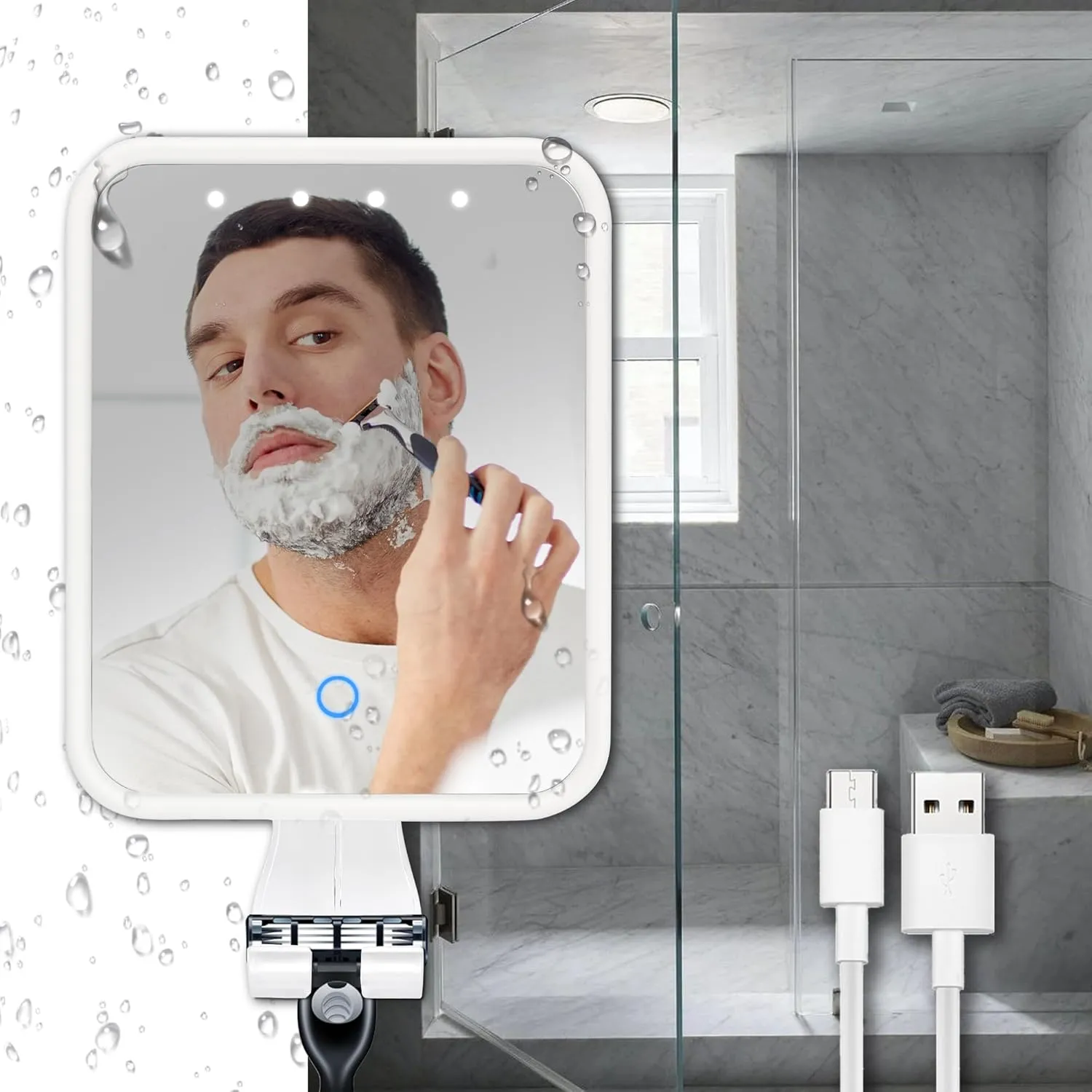 Heated Anti-Fog Shower Mirror, Shatterproof Bathroom Wall Mounted Mirror, Built-in LED Light, Rechargeable & Removable Powerful Sticky Hooks, 90° Swivel Design for Men & Women, White
