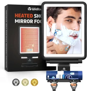Heated Shower Mirror Fogless for Shaving, 3 Color Dimmable Lights Shower Mirror Fogless, Rechargeable Anti-Fog Shaving Mirror with Razor Holder, Storage Tray, Squeegee