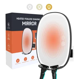Heated Shower Mirror Fogless for Shaving，Lighted Shaving Mirror 3 Color Dimmable Lights 5000mAh Rechargeable Anti-Fog Shaving Mirror with Light 360°Rotation Fog Free Shower Mirror with 2 Razor Holders