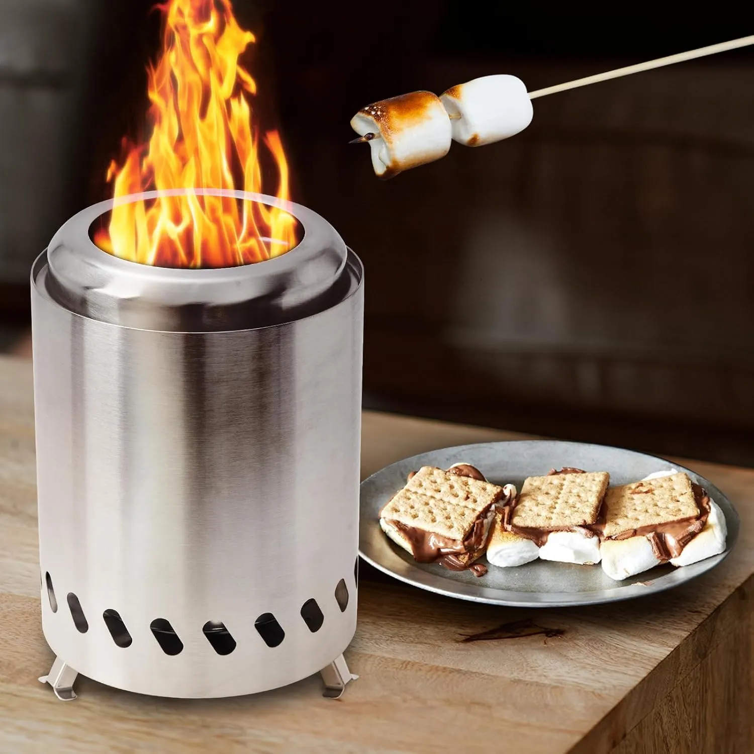 HGD 9.8 x 8.7 in Small Tabletop Fire Pit, Portable Mini Smokeless Table Top Firepit, Low Smoke Camping Stove for Outdoor & Patio, Fueled by Pellets or Wood, with Travel Bag, Stainless Steel, Silver