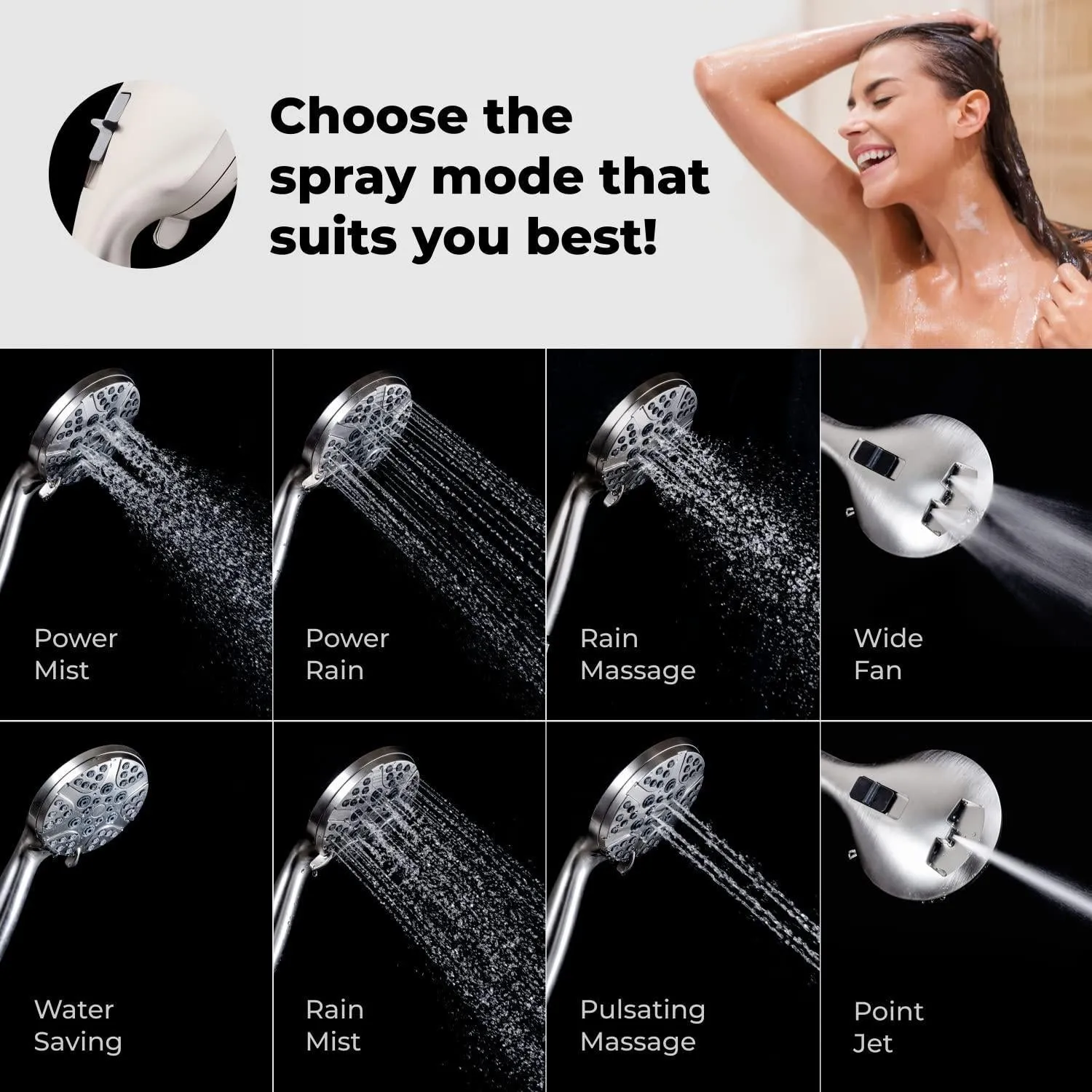 High Pressure Shower Head with Handheld 8 Spray Settings