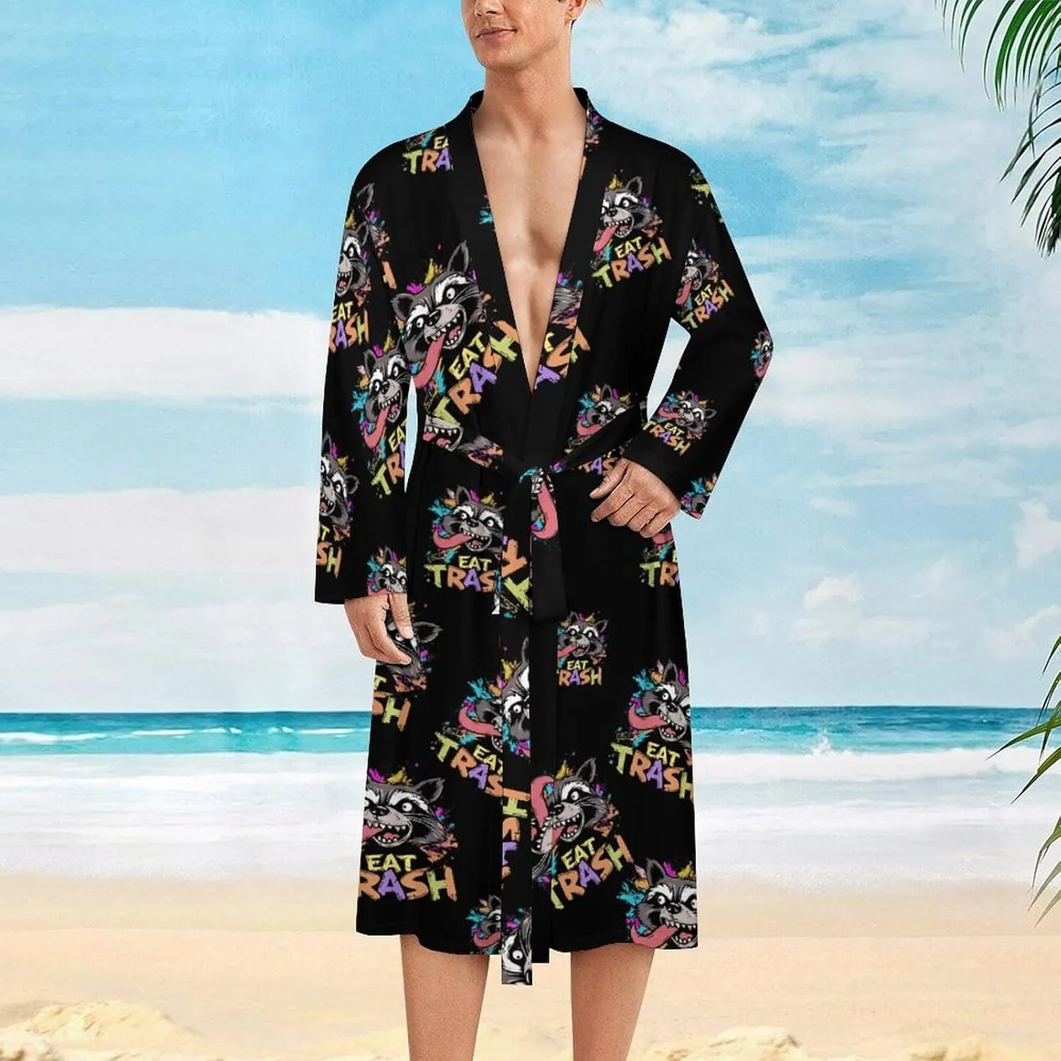 Hooligan Raccoon Eat Garbage Mens Robe Nightgown Lightweight Knee Long Bath Robe Spa Bathrobe Loungewear