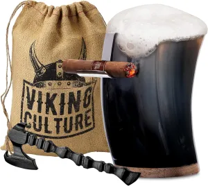 Horn Mead Cup - Nordic Inspired Drinking Vessel | Handmade Goblet for Wine Beer Ale - Safe and Unique Drink Tumbler Gift with Axe Bottle Opener, Cigar Holder and Burlap Bag