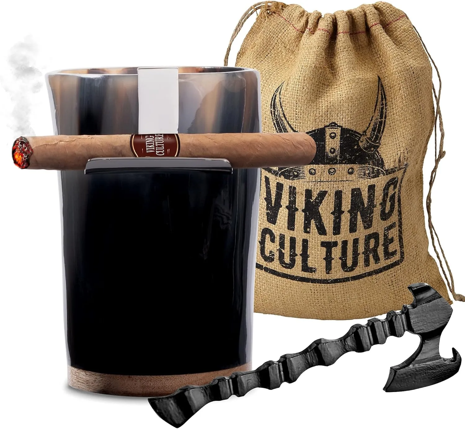 Horn Mead Cup - Nordic Inspired Drinking Vessel | Handmade Goblet for Wine Beer Ale - Safe and Unique Drink Tumbler Gift with Axe Bottle Opener, Cigar Holder and Burlap Bag