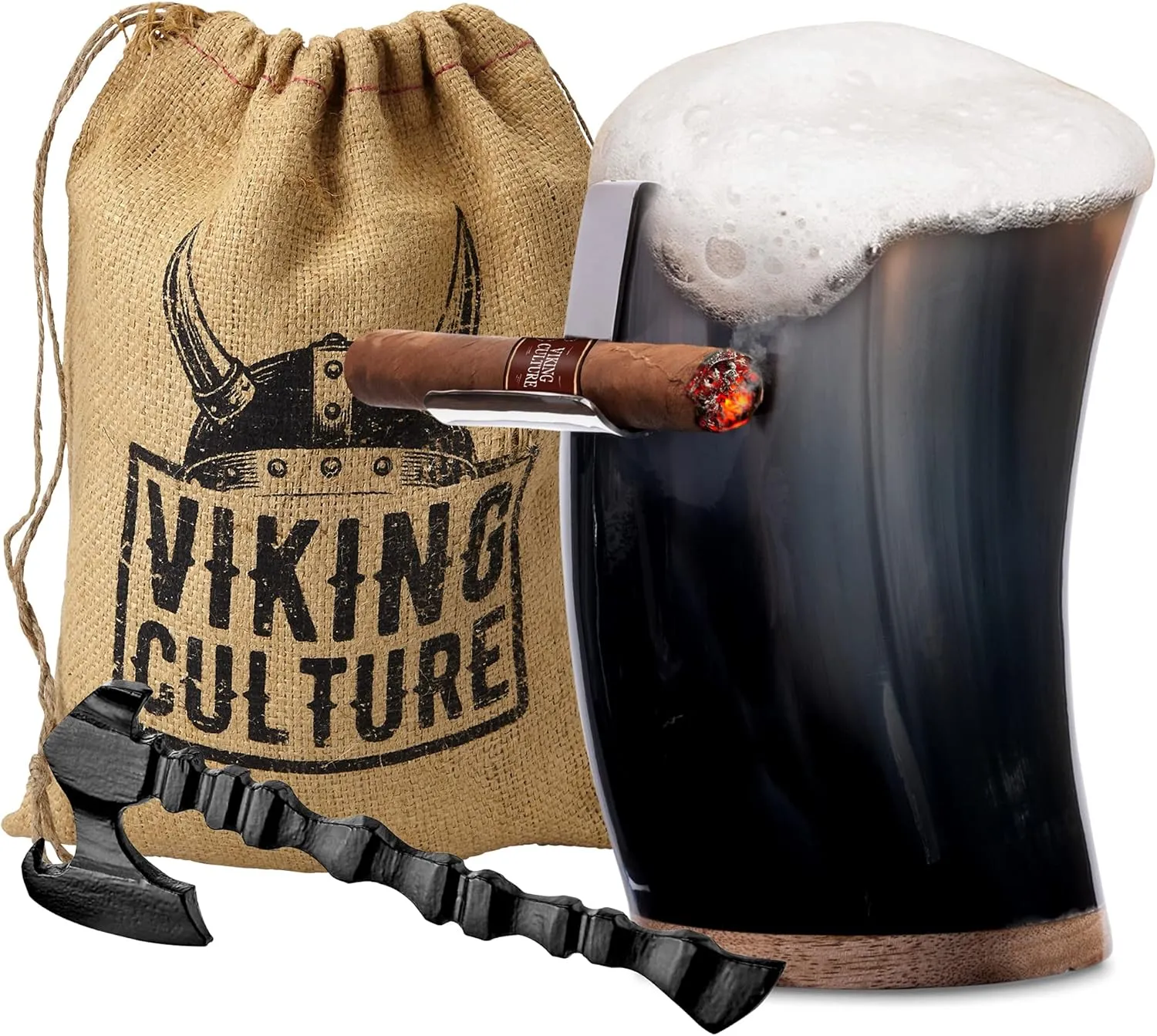Horn Mead Cup - Nordic Inspired Drinking Vessel | Handmade Goblet for Wine Beer Ale - Safe and Unique Drink Tumbler Gift with Axe Bottle Opener, Cigar Holder and Burlap Bag